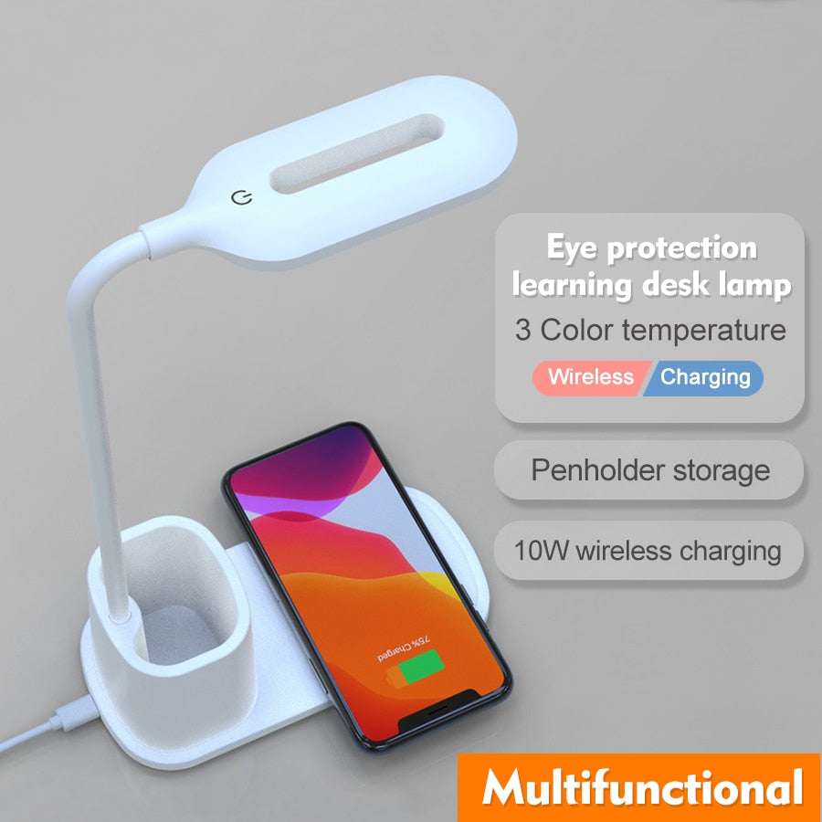 Touch Dimmable LED Desk Lamp 10W Wireless Charging/USB  Charging Table Light for Children Kids Reading Study Bedside Bedroom