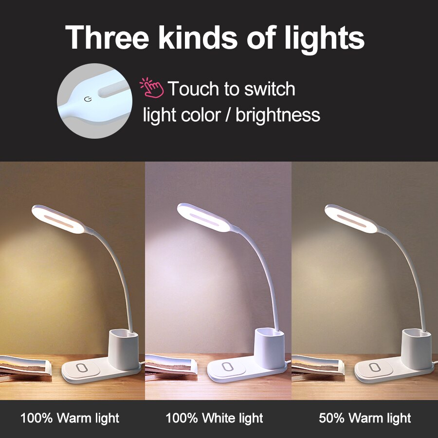 Touch Dimmable LED Desk Lamp 10W Wireless Charging/USB  Charging Table Light for Children Kids Reading Study Bedside Bedroom