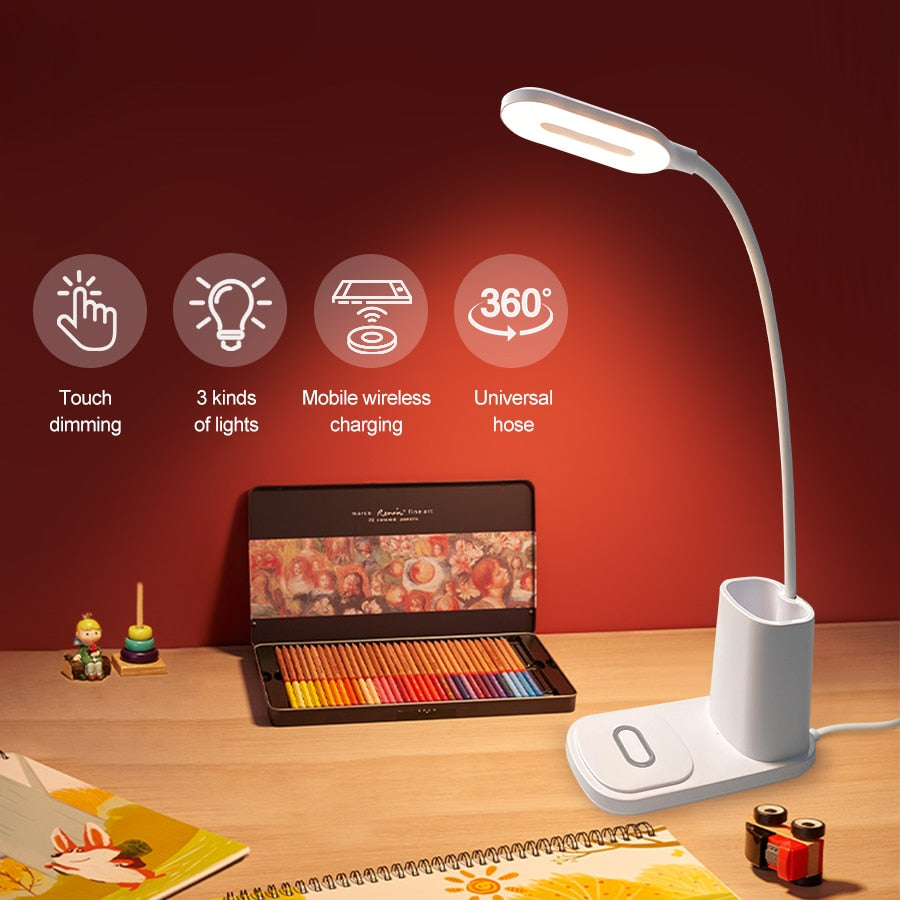 Touch Dimmable LED Desk Lamp 10W Wireless Charging/USB  Charging Table Light for Children Kids Reading Study Bedside Bedroom