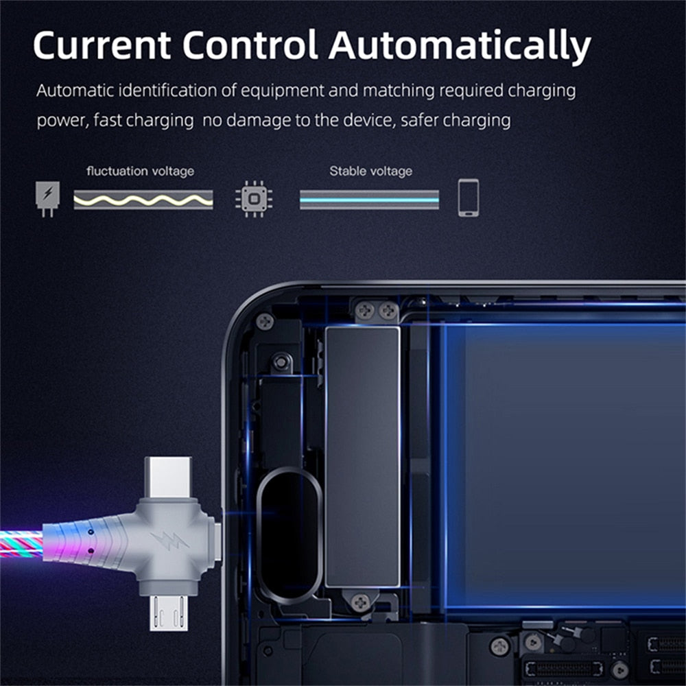 3in1 Flow Luminous Lighting usb cable for iPhone 13 12 11 Pro 3 in 1 2in1 LED Micro USB Type C 8-Pin charger for Huawei Xiaomi