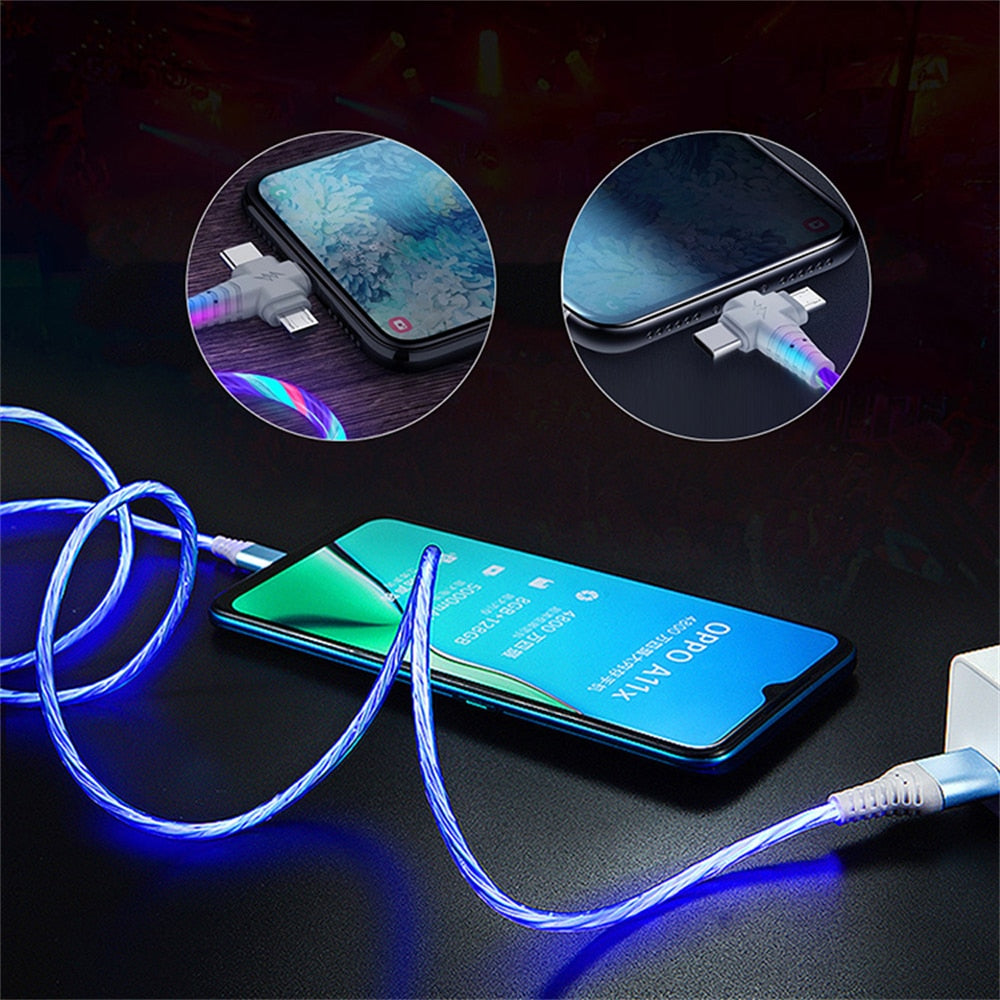 3in1 Flow Luminous Lighting usb cable for iPhone 13 12 11 Pro 3 in 1 2in1 LED Micro USB Type C 8-Pin charger for Huawei Xiaomi