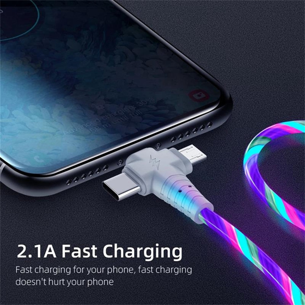 3in1 Flow Luminous Lighting usb cable for iPhone 13 12 11 Pro 3 in 1 2in1 LED Micro USB Type C 8-Pin charger for Huawei Xiaomi