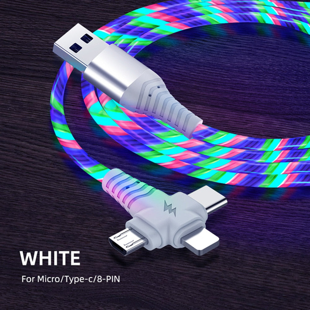 3in1 Flow Luminous Lighting usb cable for iPhone 13 12 11 Pro 3 in 1 2in1 LED Micro USB Type C 8-Pin charger for Huawei Xiaomi