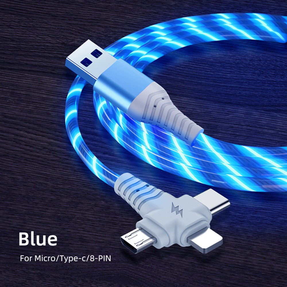 3in1 Flow Luminous Lighting usb cable for iPhone 13 12 11 Pro 3 in 1 2in1 LED Micro USB Type C 8-Pin charger for Huawei Xiaomi