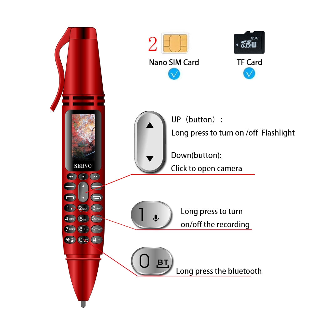 SERVO K07 Penna Cellulare Doppia SIM Registrazione delle chiamate Chiamata Bluetooth Chiamata rapida Magic Voice Schermo HD da 0,96" Telefono cellulare sbloccato GSM