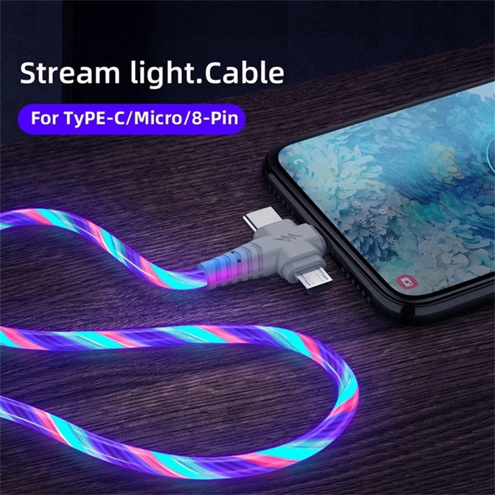 3in1 Flow Luminous Lighting usb cable for iPhone 13 12 11 Pro 3 in 1 2in1 LED Micro USB Type C 8-Pin charger for Huawei Xiaomi