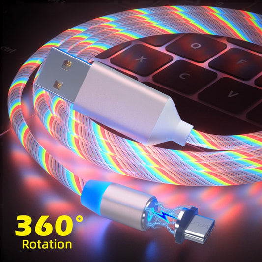 LED Flowing Light Charging Magnetic USB Type C Cable Cord Glow Magnetic Cable Micro Charger Cable for iPhone Huawei Samsung