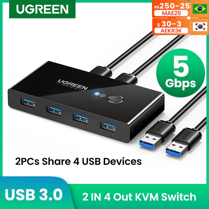 UGREEN USB KVM Switch USB 3.0 2.0 Switcher KVM Switch for Windows10 PC Keyboard Mouse Printer 2 PCs Sharing 4 Devices USB Switch