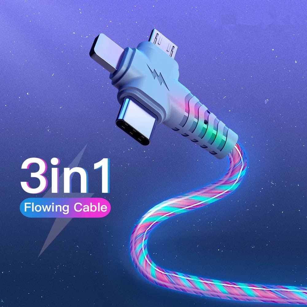 3in1 Flow Luminous Lighting usb cable for iPhone 13 12 11 Pro 3 in 1 2in1 LED Micro USB Type C 8-Pin charger for Huawei Xiaomi